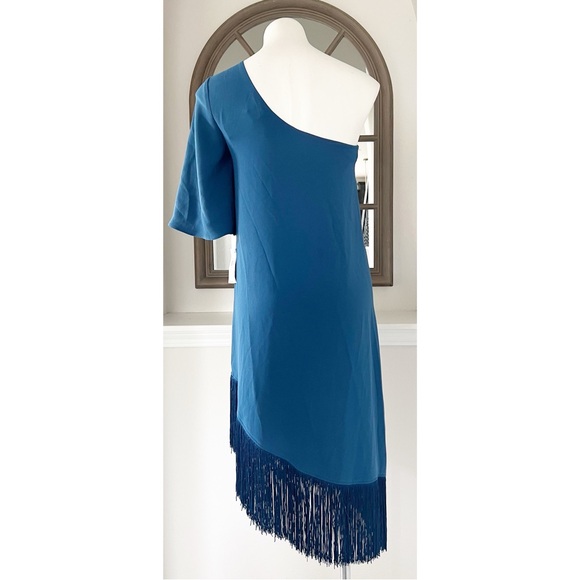 Trina Turk Gull One-Shoulder Asymmetric Fringed Dress in Denim, Size S New w/Tag - Picture 9 of 13
